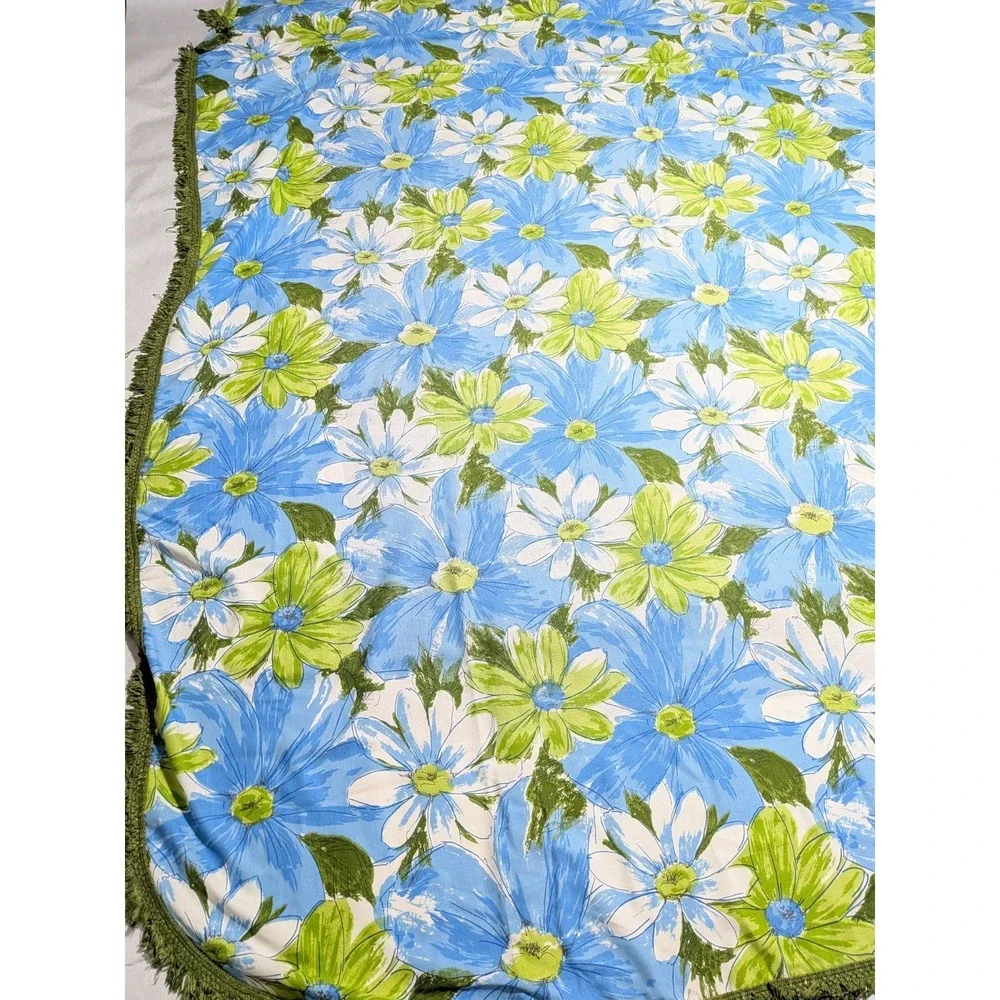 VTG Cannon Royal Family Queen Bedspread Mod 60s 70s Floral Fringe Green Blue